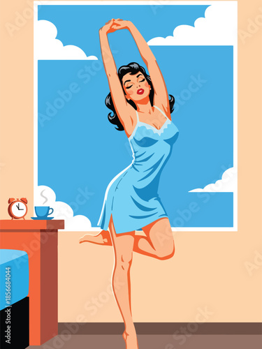 Pop art pin up girl stretching arms near window in morning light, modern vector illustration with solid colors, ideal for daily routine visuals