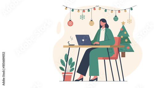 Businesswoman works on a laptop in a festive office setting decorated for Christmas