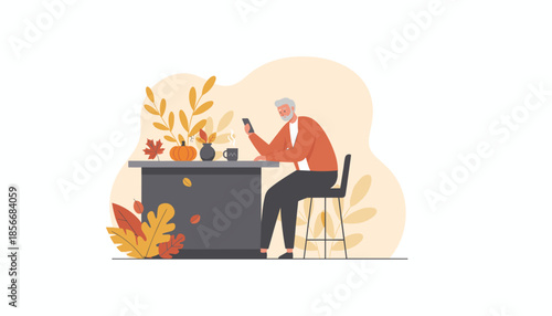 Senior man using smartphone and drinking coffee at an autumn counter Fall leisure retirement and digital connection