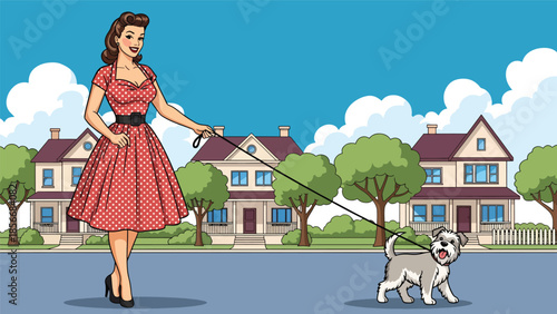 Pop art pin up girl walking dog on suburban street, friendly modern vector illustration with solid colors, ideal for pet and lifestyle designs