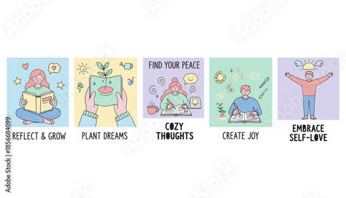 Pastel vector set illustrating wellbeing activities reflection nurturing growth finding peace creating joy and selflove