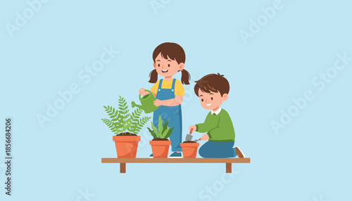 Cheerful children learning to garden watering plants and planting seedlings Education and growth