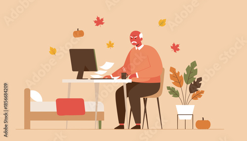Frustrated senior working from home on computer during autumn season with falling leaves