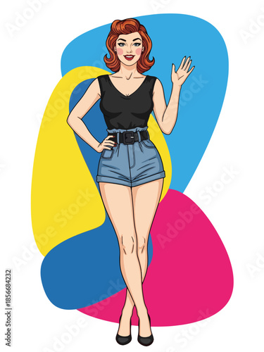 Pop art pin up girl waving confidently in classic pose, modern vector illustration with solid colors, ideal for pop culture and poster designs