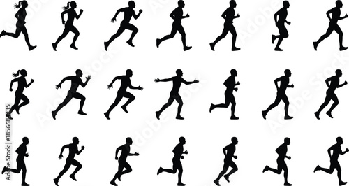 Black runner silhouette vector collection, athlete running icons set, sprinting people symbols, jogging man and woman figures, fitness sport exercise elements.