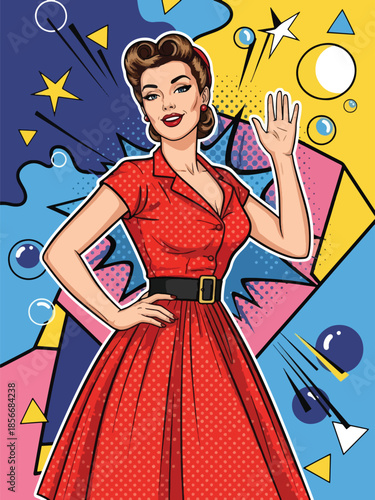 Pop art pin up girl waving confidently in classic pose, modern vector illustration with solid colors, ideal for pop culture and poster designs