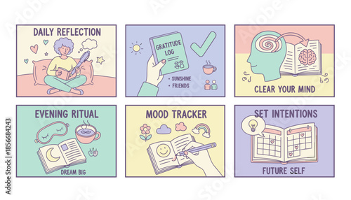 Pastel illustrations of six mental health and selfcare concepts journaling reflection gratitude and setting intentions