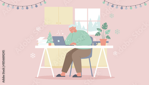 Stressed remote worker on laptop during winter holidays surrounded by paperwork