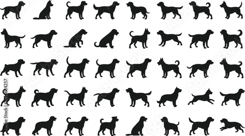 Black dog silhouette vector collection, various breed puppy poses set, standing sitting running canine icons, pet animal silhouettes, domestic dogs.