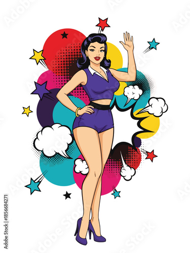 Pop art pin up girl waving confidently in classic pose, modern vector illustration with solid colors, ideal for pop culture and poster designs