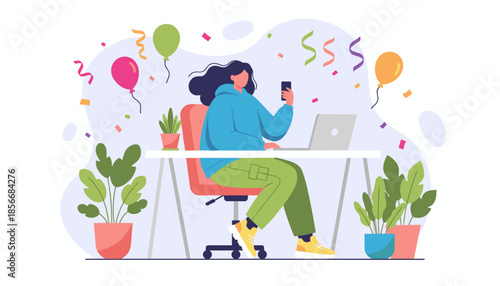 Remote worker enjoying a virtual celebration or achievement at her desk with balloons and confetti