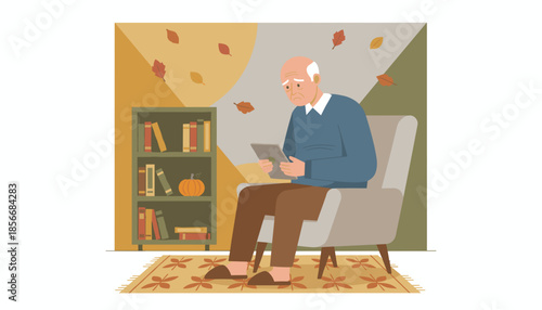 Lonely elderly man feeling depressed while using a tablet at home during the autumn season