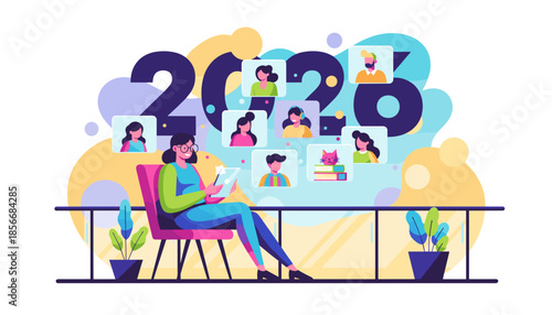 Virtual meeting in 2026 Woman connects remotely via video call for business or social networking
