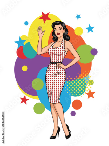 Pop art pin up girl waving confidently in classic pose, modern vector illustration with solid colors, ideal for pop culture and poster designs