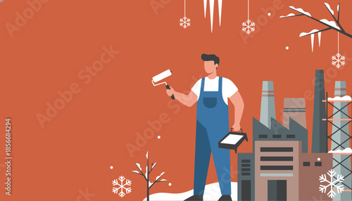 Professional worker painting near a snowy factory in winter Maintenance and labor concept