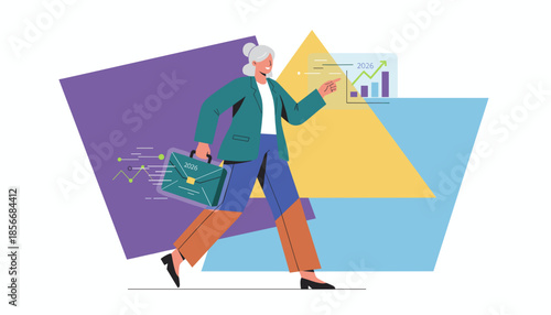 Senior businesswoman walking confidently toward 2026 financial success goals pointing at an upward trend chart