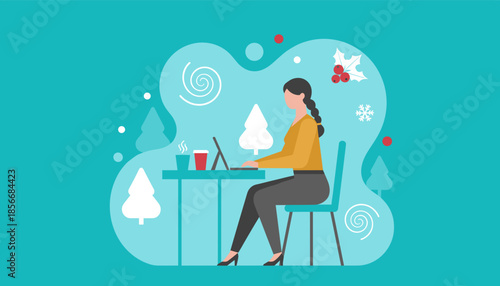 Woman works on a laptop at a winterthemed table blending business productivity with holiday spirit