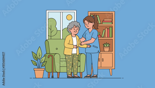 Professional caregiver assists senior woman at home Support health and elderly assistance