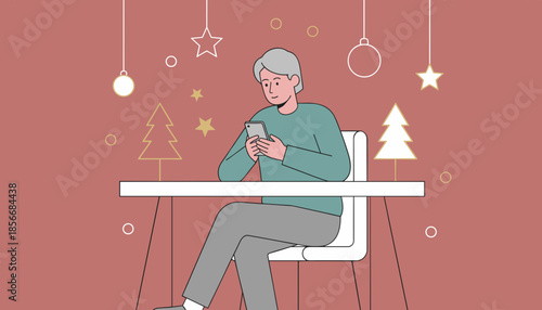 Elderly man texting on a smartphone at a festive table Digital connection during the holidays