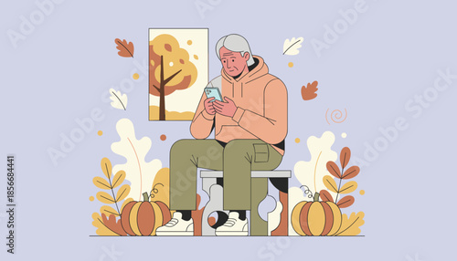 Senior man using smartphone surrounded by fall decor and pumpkins Modern aging concept