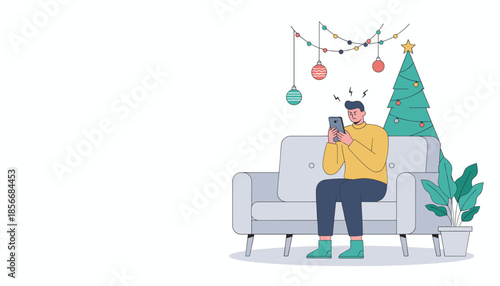 Frustrated man on a sofa using a smartphone during Christmas holiday stress or digital problems