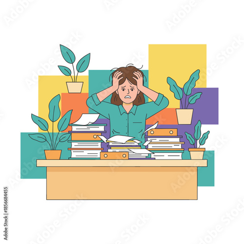 Frustrated woman overwhelmed by excessive office workload and documents depicting stress burnout and deadline panic