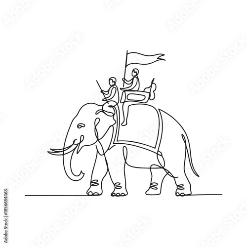 Line art drawing of an elephant carrying people with a flag