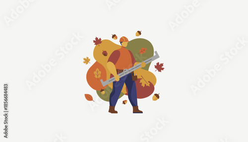 Fall construction Worker in hardhat holding a measuring tool with autumn leaves background