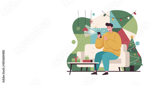 Man using phone happily in a cozy festive living room with a Christmas tree and gifts Illustration