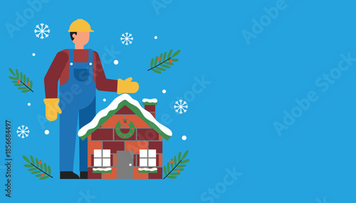 Contractor with hard hat and gloves next to a cozy snowcovered holiday home Winter service concept