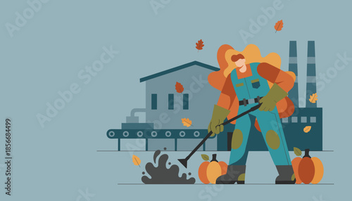 Factory worker cleaning industrial sludge outside the manufacturing plant in autumn