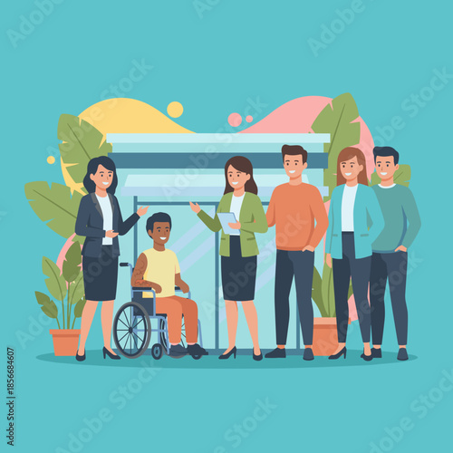 Diverse team meeting promoting workplace inclusion and accessibility with colleague in a wheelchair