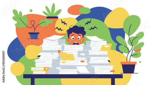 A panicked man overwhelmed by a massive pile of office paperwork illustrates burnout stress and heavy workload
