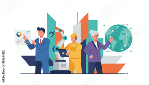 Industry 40 team collaboration global business robotics and data management illustration
