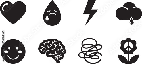 Emotional icons for various feelings and moods in black