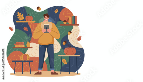 Happy man using tablet in a cozy autumnal decorated room Fall season technology and lifestyle concept
