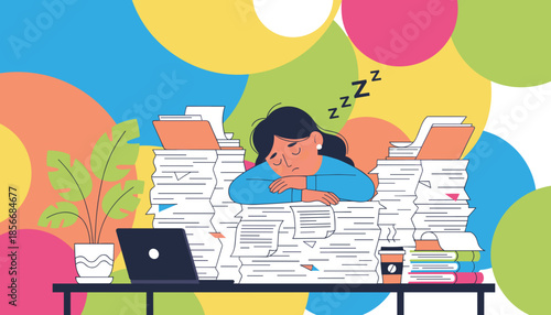 Overworked woman asleep on a desk buried in paperwork piles illustrating professional burnout and stress