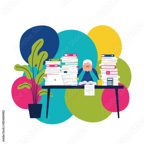 Stressed person overwhelmed by paperwork and files Concept of burnout heavy workload and office fatigue