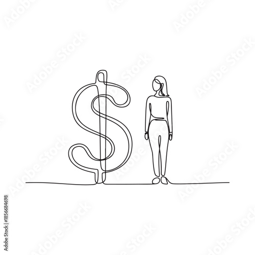 Abstract line drawing of a woman standing near a large dollar sign