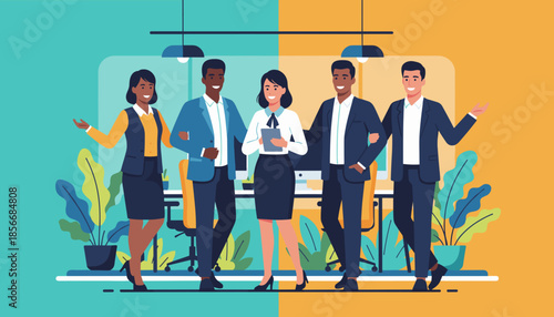 Diverse team of smiling business professionals standing confidently in a modern office representing success and teamwork