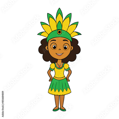 A vibrant Brazilian girl in dazzling yellow carnival attire, feathers and sequins sparkling as she dances, radiating joy and the spirit of Rio’s festive energy.
