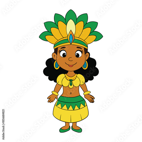 A vibrant Brazilian girl in dazzling yellow carnival attire, feathers and sequins sparkling as she dances, radiating joy and the spirit of Rio’s festive energy.
