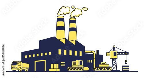 Factory illustration industrial complex with smokestacks truck crane and heavy production machinery