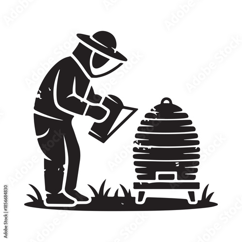 A beekeeper inspecting a beehive with protective gear in a grassy field