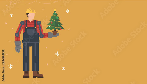 Worker wearing an exoskeleton and hard hat holds a Christmas tree industrial holiday vector