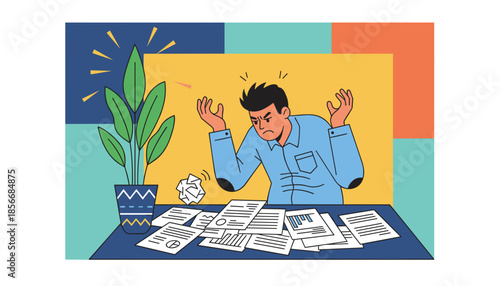 Frustrated employee stressed by overwhelming paperwork and deadlines Office burnout