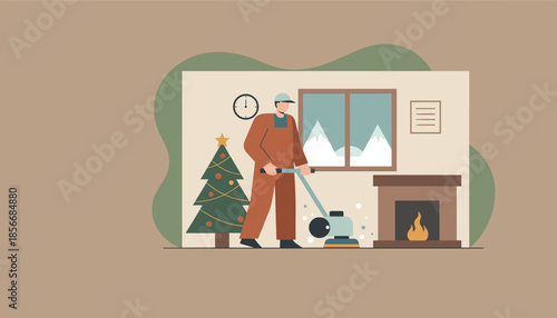 Professional cleaner polishes floor in a cozy room with Christmas tree and fireplace during winter