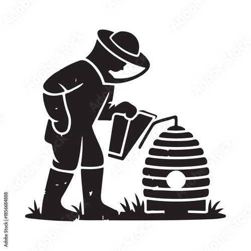 A beekeeper tending to a beehive in a simple black and white illustration