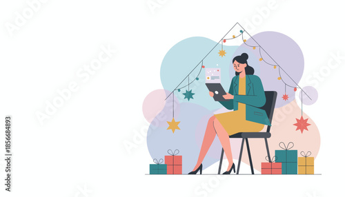 Focused woman uses a tablet surrounded by gifts and festive lights mixing work and holiday planning