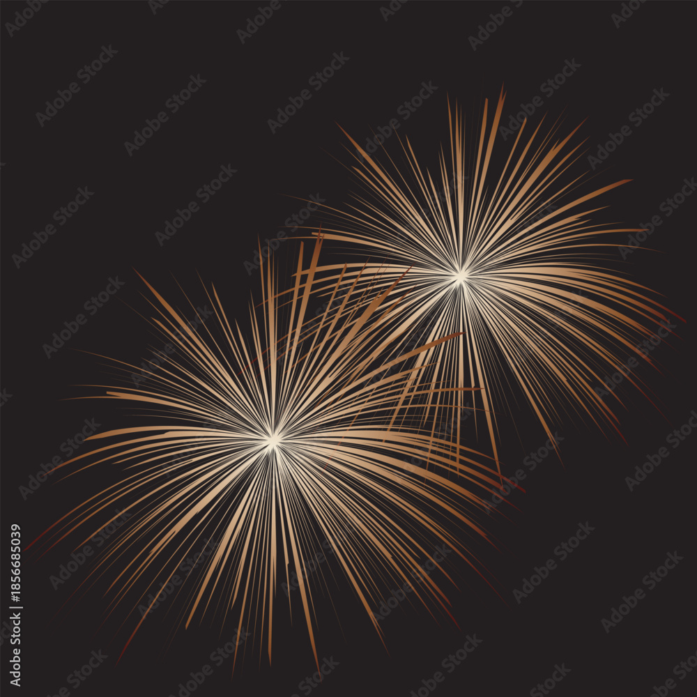 Obraz premium Golden Abstract Fireworks on black Background. Minimal golden fireworks bursts forming abstract celebration design, ideal for holidays, events, and modern decorative visuals. 